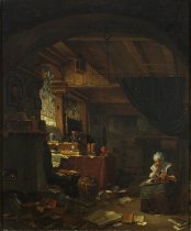 The Alchemist in his study with a woman making lace
